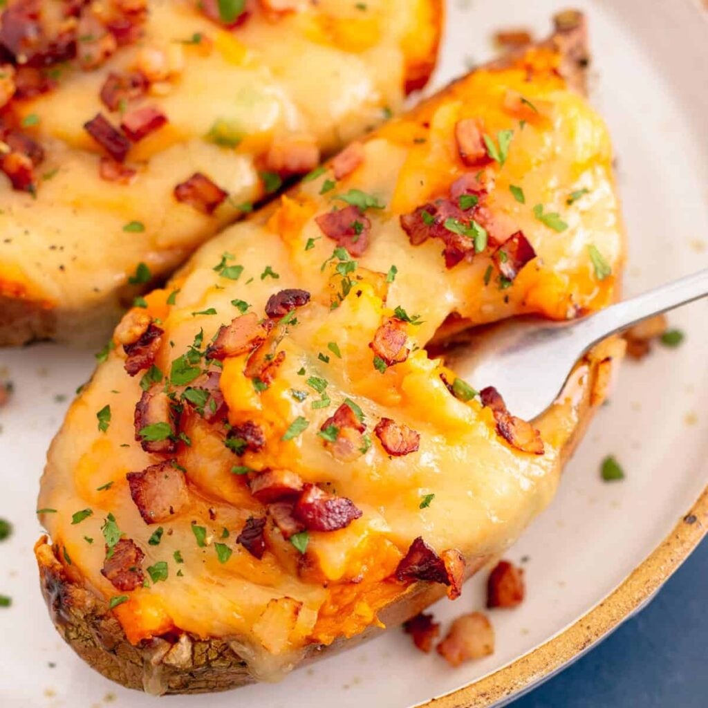 Cheese Stuffed Sweet Potato with a Southwestern Twist.