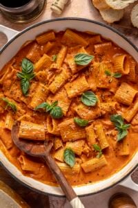 Chef Joe Muscarello's creamy vodka tomato sauce served over perfectly cooked rigatoni, garnished with freshly grated Parmigiano Reggiano, basil, and cracked black pepper for a restaurant-quality Italian pasta dish.
