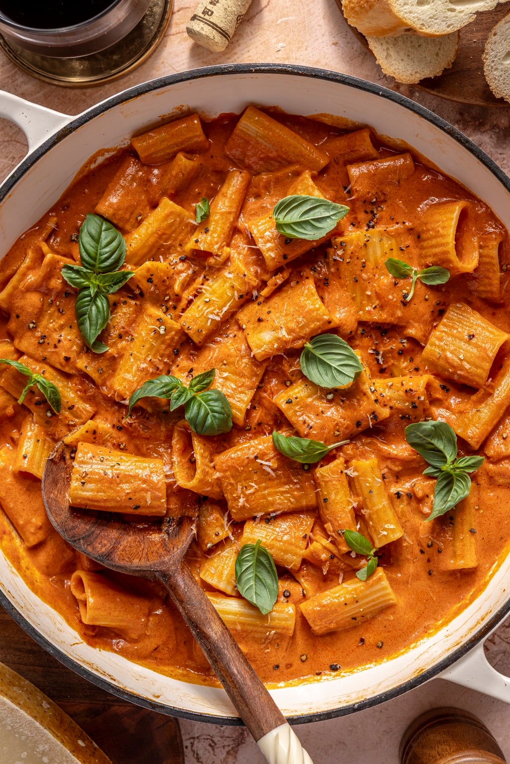 Chef Joe Muscarello's creamy vodka tomato sauce served over perfectly cooked rigatoni, garnished with freshly grated Parmigiano Reggiano, basil, and cracked black pepper for a restaurant-quality Italian pasta dish.